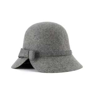 Mid-gray pure wool felt cloche hat with asymmetrical brim and stylish bow accent
