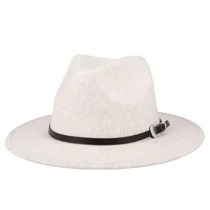 Classic cream fedora hat with wide flat brim and black leather belt with silver buckle
