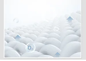 Macro shot of breathable white mesh fabric with O2 symbol showing airflow detail