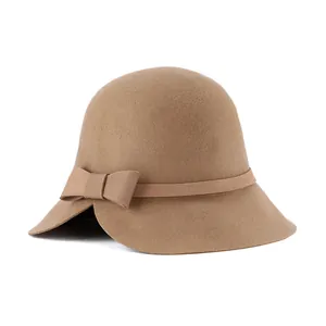Elegant camel wool felt cloche hat with side bow and unique notched brim detail