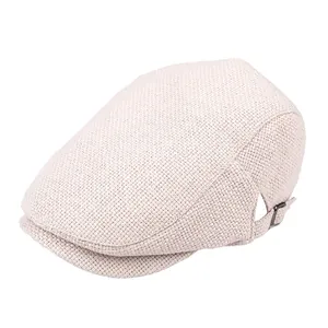 Classic beige ivy cap in textured linen fabric with adjustable metal buckle strap