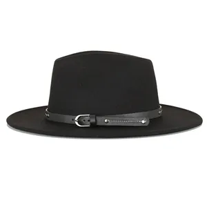 Classic black fedora hat with wide brim featuring a buckled leather band and metal studs