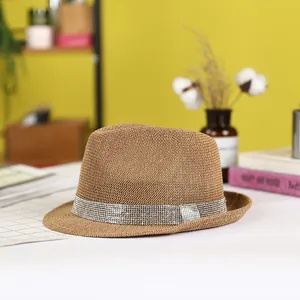Elegant Straw Fedora Hat Retro British Style Sun Hat With Rhinestone Artificial Pearl Band Summer Beach Travel Party Cap For Women Men