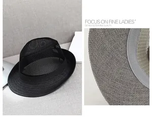 Detail of breathable mesh fedora showing fine weave texture and inner sweatband