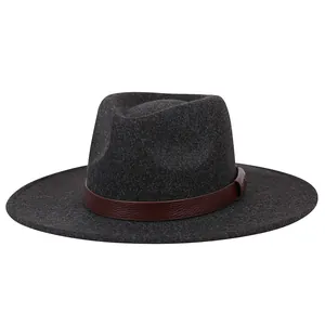 Dark charcoal wool fedora hat with wide brim and textured brown leather decorative band