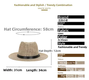Linen fedora hat dimensions showing 58cm circumference and black band detail