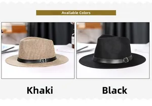 Detail view of khaki and black linen fedora hats with leather bands and silver buckles
