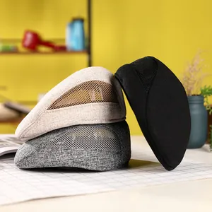Casquette plate respirante en coton et lin beige, gris et noir pour printemps et été