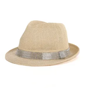 Beige fedora hat with rhinestone decorative band for men and women shown from a 45-degree angle