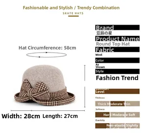 Detail view of felt cloche hat with dimensions 58cm circumference and plaid bow accent