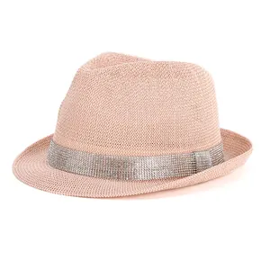 Pink fedora straw hat with sparkling rhinestone band for summer sun protection and style