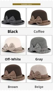 Selective color palette of stylish wool cloche hats with decorative plaid bow details