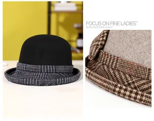 Detail view of winter wool bucket hat showing textured fabric and plaid brim pattern