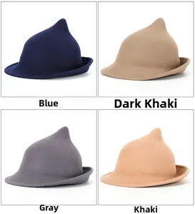 Detalle de sombreros de mago en fieltro de lana en azul, caqui oscuro, gris y caqui