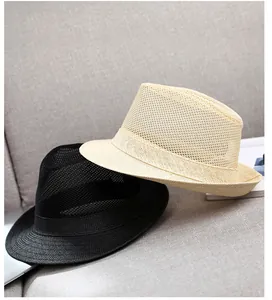 Breathable mesh and straw weave texture detail on summer fedora hats for men