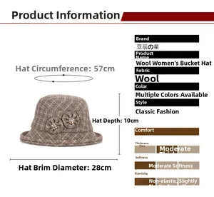 Size chart showing dimensions for a women's thickened wool winter bucket hat with floral detail