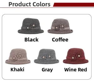 Detail of wool cloche hats for women in five colors with floral rhinestone decor
