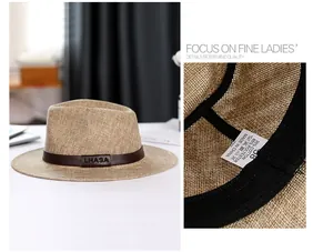 Detail of khaki fedora with brown leather band and inner material label showing size 58