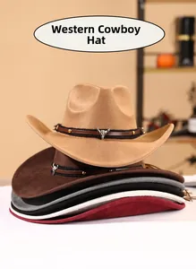 Vertical stack of suede western cowboy hats with bull skull buckles in various colors