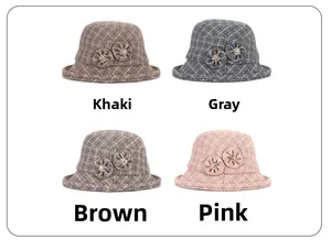 Detail view of plaid wool bucket hats for women in khaki, grey, brown and pink colors