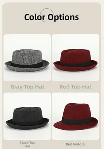 Detail showcasing four colors of wool fedora hats with black decorative bands