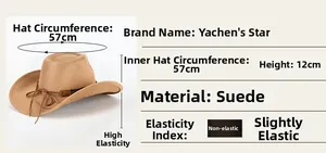 Size details of khaki suede western cowboy hat with 57cm circumference and 12cm height