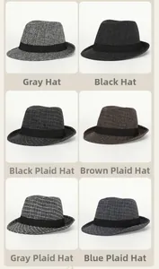 Detailed grid view of assorted men's fedora hats in solid colors and classic plaid patterns