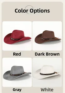Western suede cowboy hats in red, brown, grey, and white with metallic bull head logo