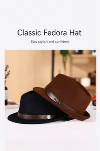 Detail of wool fedora hats with leather bands and metallic M logos in navy and brown