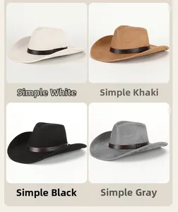 Detail of four western cowboy hats in white, khaki, black, and gray with leather straps