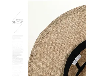 Detailed close-up of woven flax texture and inner sweatband with 35% cotton material tag