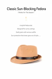 Detail of camel wool fedora hat featuring a black leather band and golden M logo buckle
