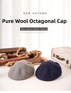Detailed view of gray and navy wool octagonal newsboy hats in a vintage travel setting