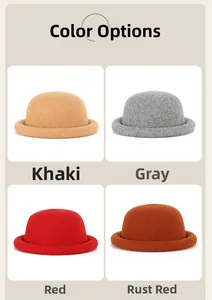 Detail view of wool felt knit hats in khaki, grey, red, and rust red color options