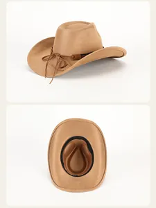 Detail view of camel suede western cowboy hat with brown decorative band and tie cord