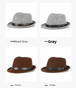 Detail of wool fedora hats with leather bands and metal M logo in grey and coffee colors
