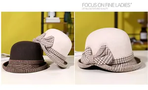 Detail of wool cloche hats in coffee and beige with vintage plaid bow ribbon accents