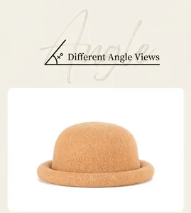 Detailed close-up showing the rolled edge and soft wool texture of the khaki bowler hat