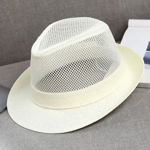 Beige breathable mesh fedora summer sun hat with stylish woven band and rolled brim