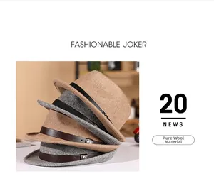 Detail of pure wool felt hats with leather decorative bands in camel and gray colors