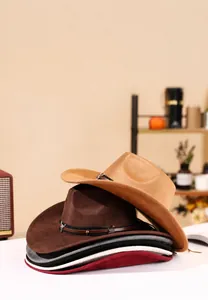 Stacked wide brim faux suede cowboy hats with vintage bull buckle leather bands in various colors