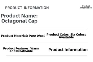 Detailed specifications table for wool newsboy caps showing material and breathability