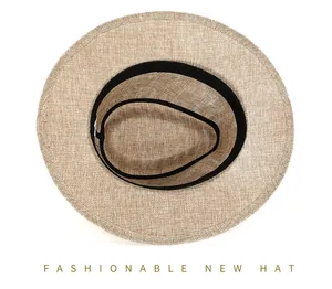 Top view of woven Panama hat featuring clear straw texture and inner black sweatband