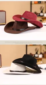 Macro view of wide brim suede cowboy hats with leather belts in various colors