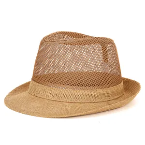 Men's breathable mesh straw fedora hat with rolled brim for summer sun protection