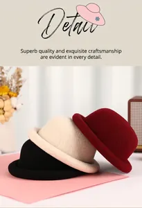 Detail view of wool rolled-brim dome hats in black, cream, and burgundy colors