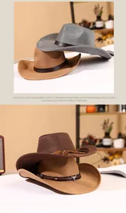 Detail view of suede cowboy hats with leather belts and metallic bull pendants