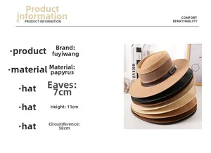 Dettagli del cappello in paglia: tesa 7cm, altezza 11cm, circonferenza di 58cm