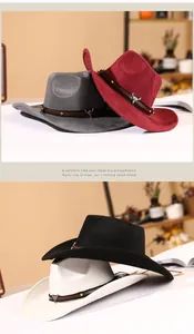 Detailed view of wide brim suede western cowboy hats with metallic bull skull buckles