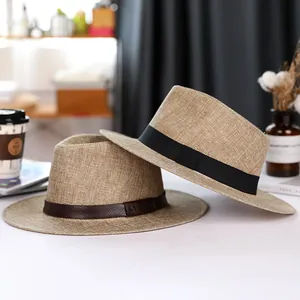 Men's summer linen Panama fedora hat with sun protection and decorative fabric bands